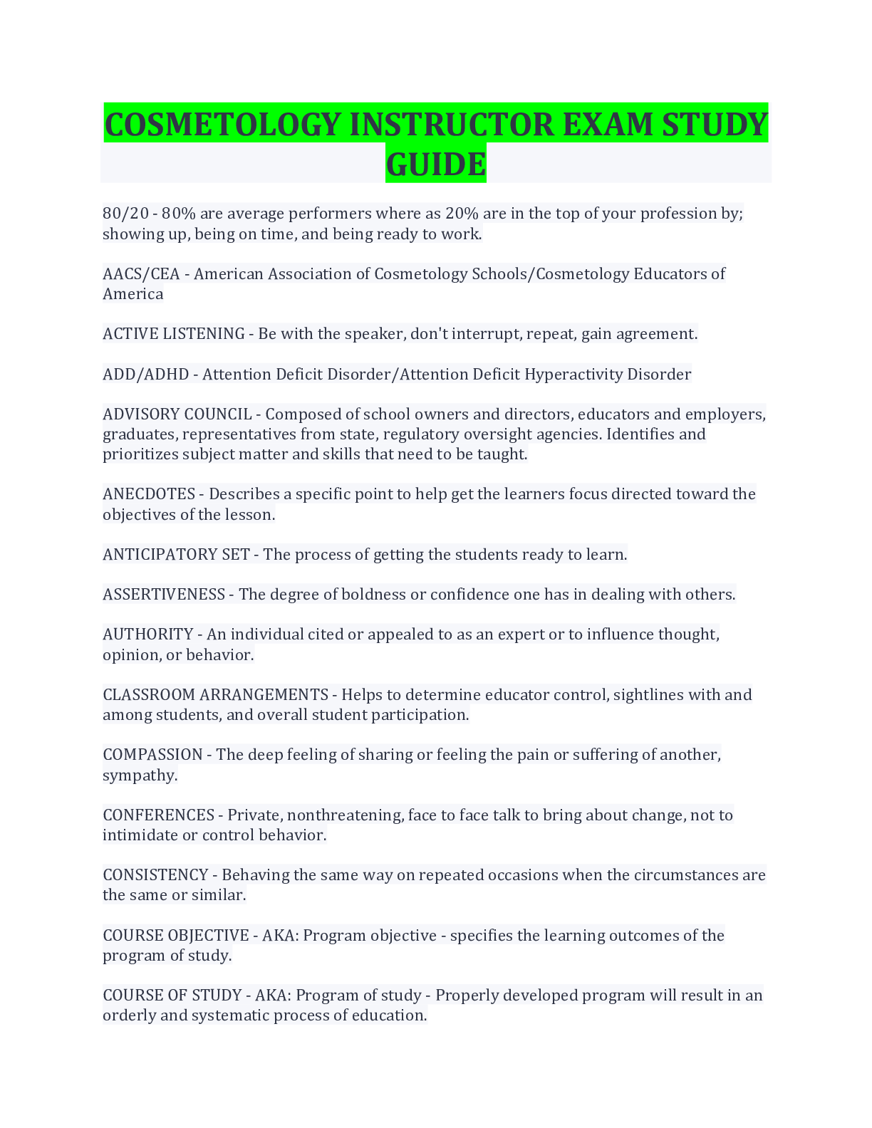 Preview image of COSMETOLOGY INSTRUCTOR EXAM STUDY GUIDE LATEST UPDATE document